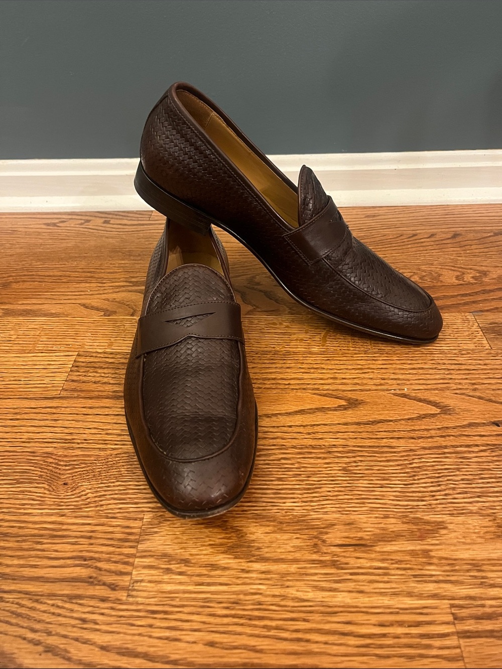 Diverso Brown Leather Woven Vamp Penny Loafers Italy Men's 46 / US 12.5